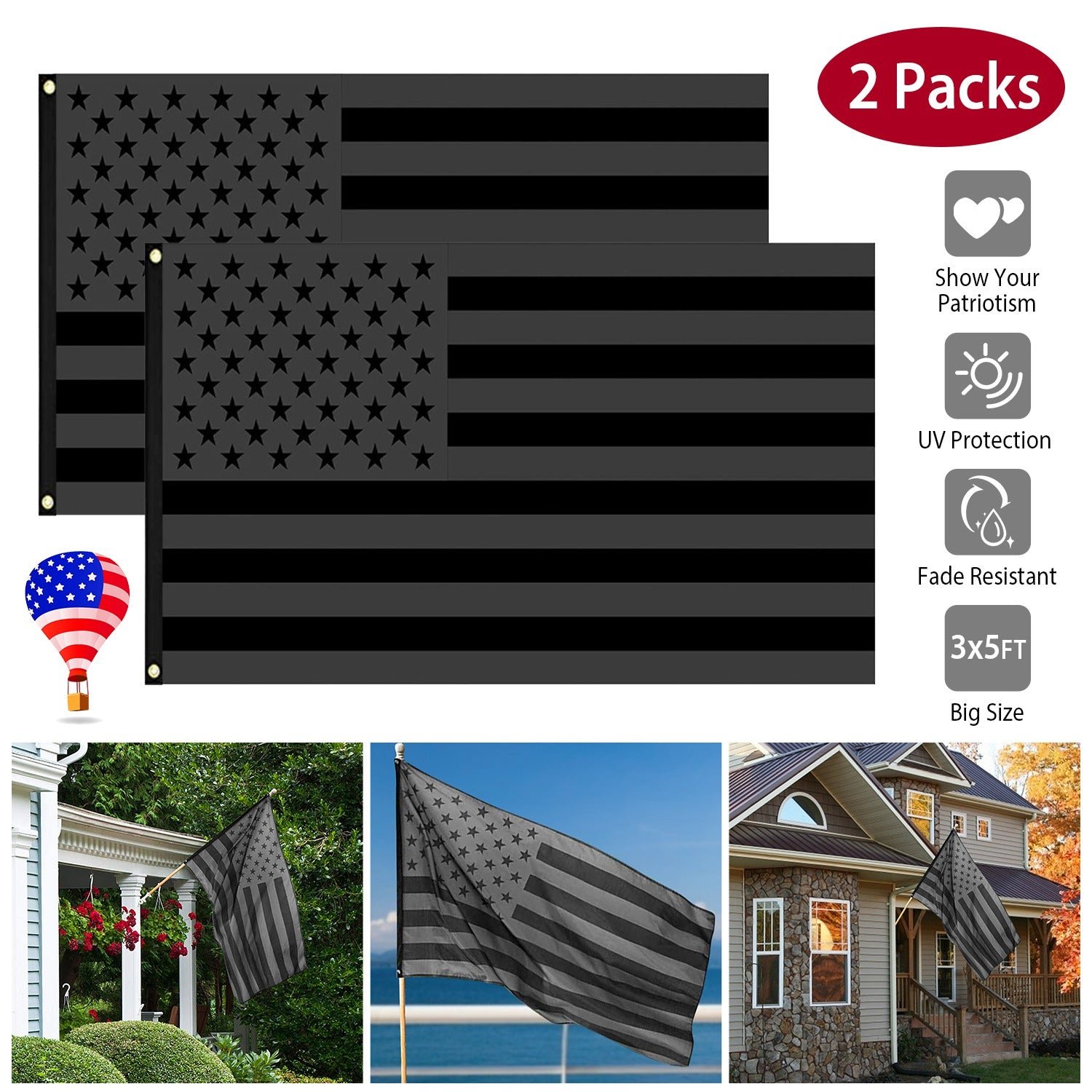 2-Pack: 3X5 Ft. All Black American Flag - Image 11