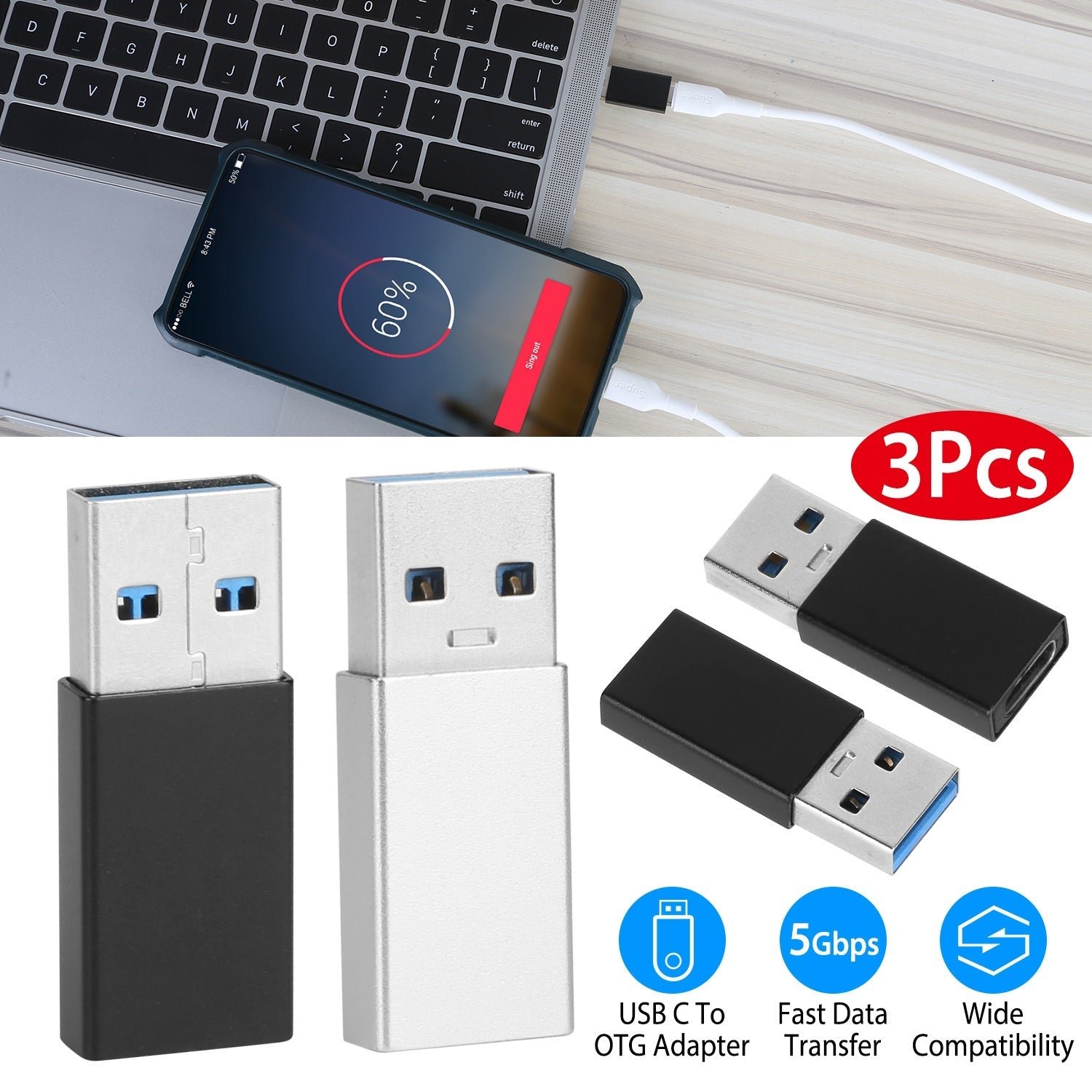 3-Packs: USB Type-C Male to USB A 3.0 OTG Male Port Converter - Image 6