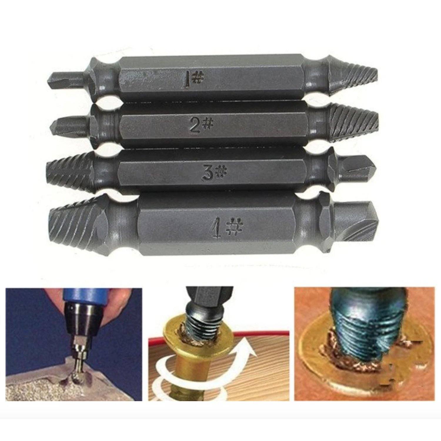 4-Piece Set: DrillPro Double-Sided Damaged Screw Extractors