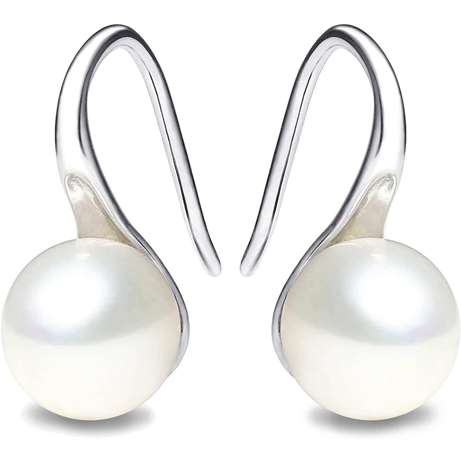 925 Sterling Silver 7.5-8mm White Freshwater Cultured Pearl Dangle Drop Earrings