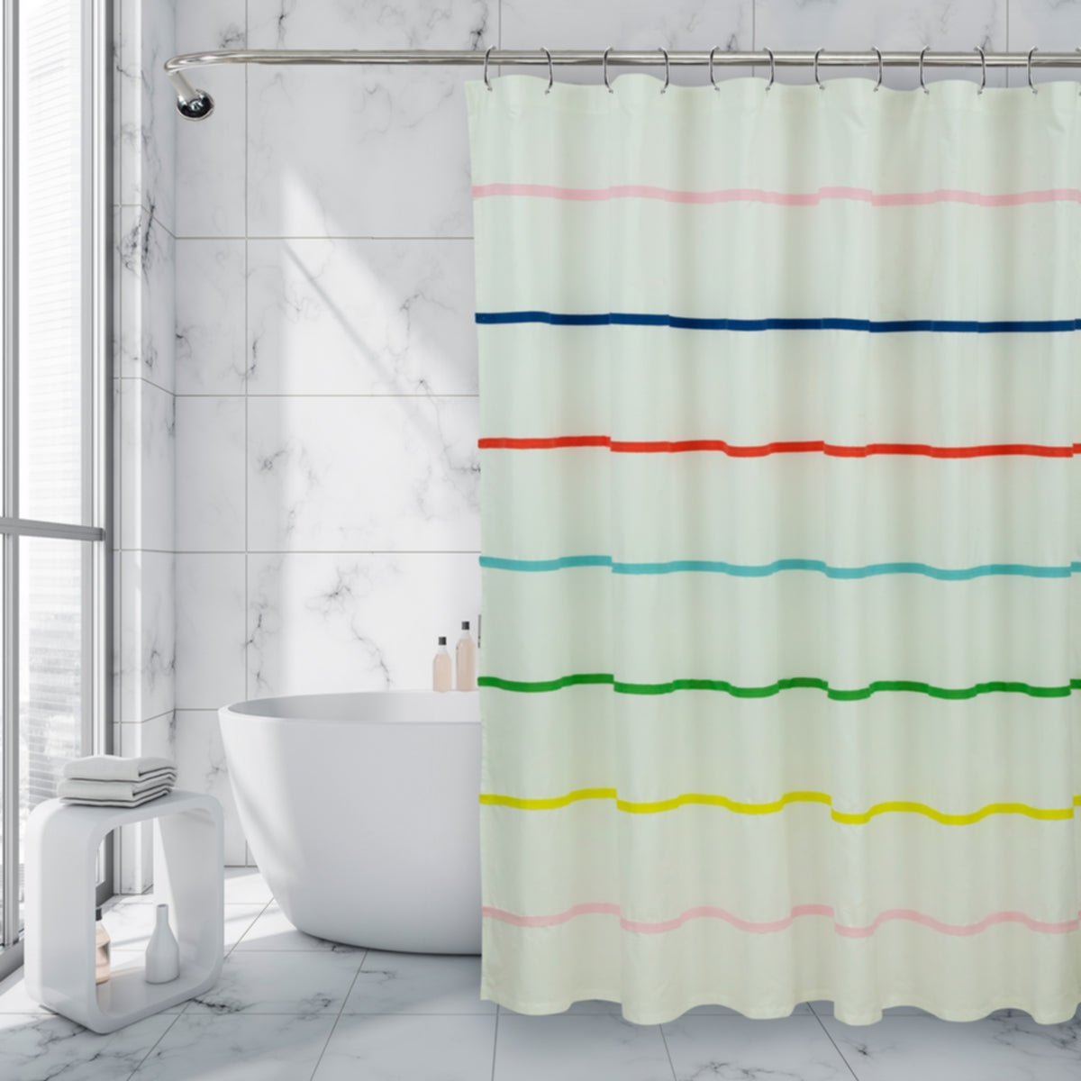 Shower-Curtain-Appliqued-Stripe-White-1_23d42b61-cb97-4b15-ba35-5d2487f25ddd.jpg Royale Linens Double Brushed Microfber 1800 Thread Printed Shower Curtain - Image 1
