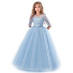 Girls' Floral Lace Solid Tulle Maxi Short Sleeve Vintage Gowns Dresses - Image 2