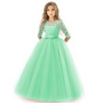 Girls' Floral Lace Solid Tulle Maxi Short Sleeve Vintage Gowns Dresses - Image 5