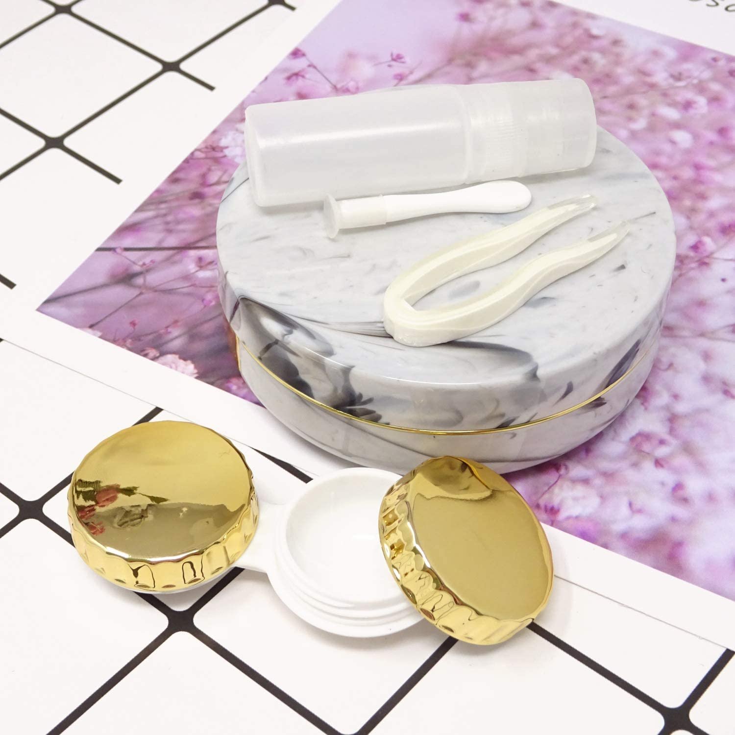 Honbay Fashion Marble Contact Lens Case with Mirror - Image 5