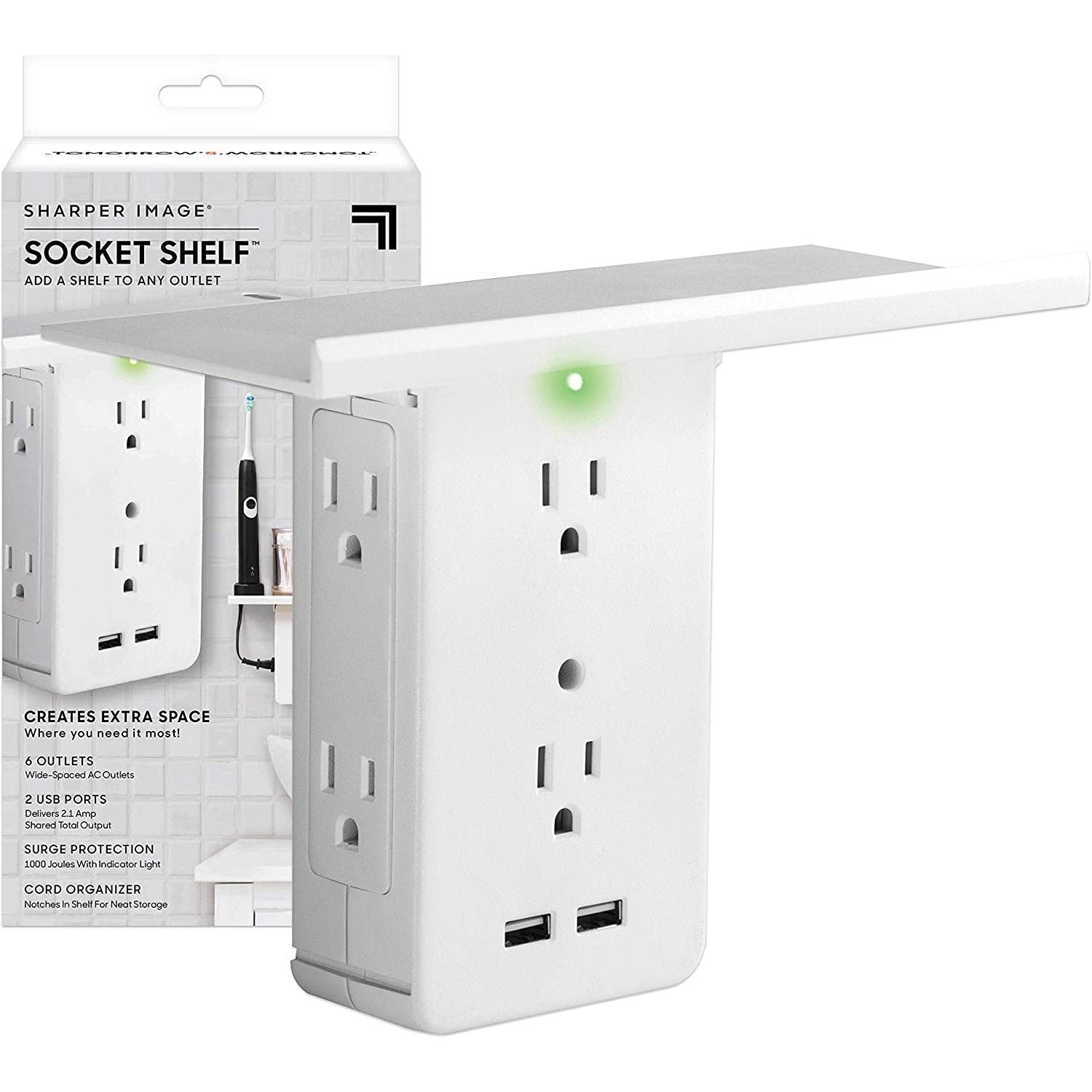 Socket Shelf 8 Port Surge Protector Wall Outlet, 6 Electrical Outlet Extenders, 2 USB Charging Ports