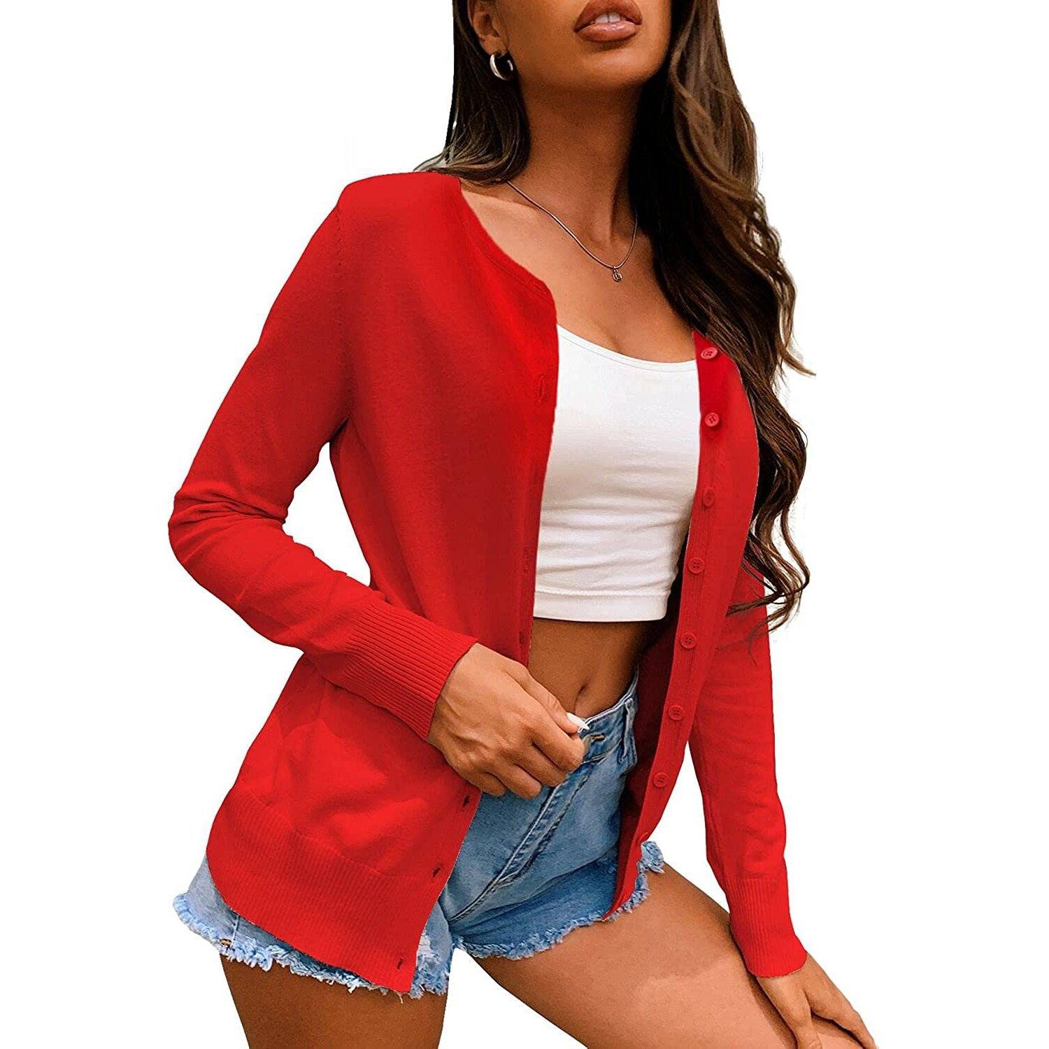 Women's Button Down Crew Neck Long Sleeve Soft Knit Cardigan Sweaters - Bilde 8
