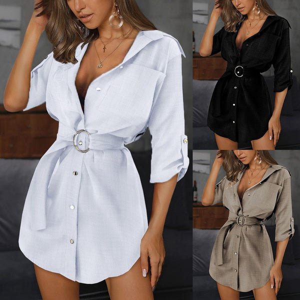 Women's Buttons Turn-Down Casual Shirt Dress - Bilde 9