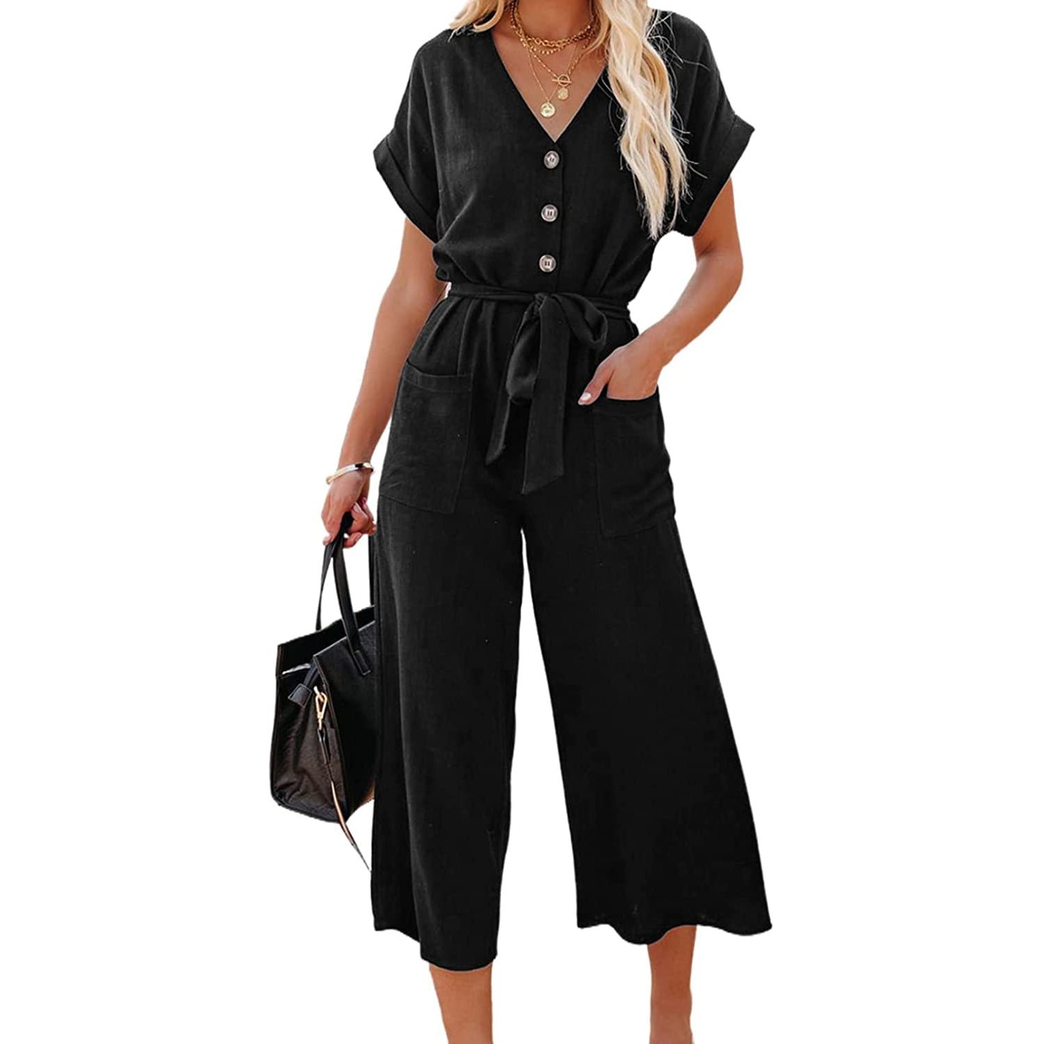 Women's Short Sleeve V Neck Button Belt Wide Leg Jumpsuit - Image 11