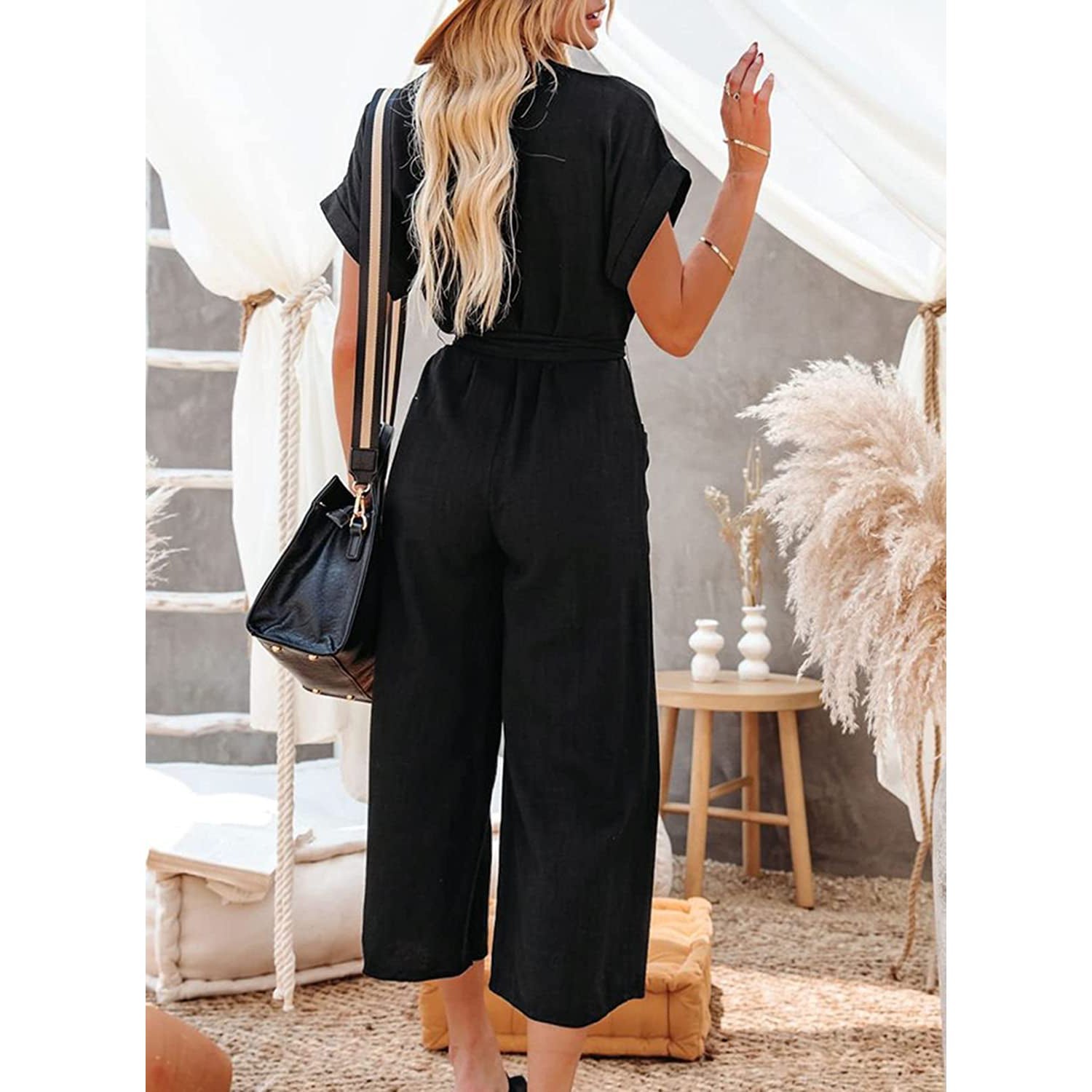 Women's Short Sleeve V Neck Button Belt Wide Leg Jumpsuit - Image 14