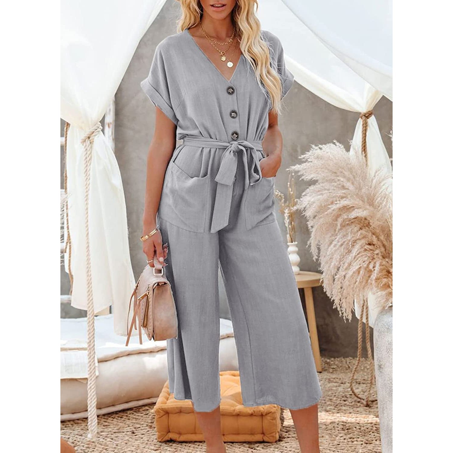 Women's Short Sleeve V Neck Button Belt Wide Leg Jumpsuit - Image 9