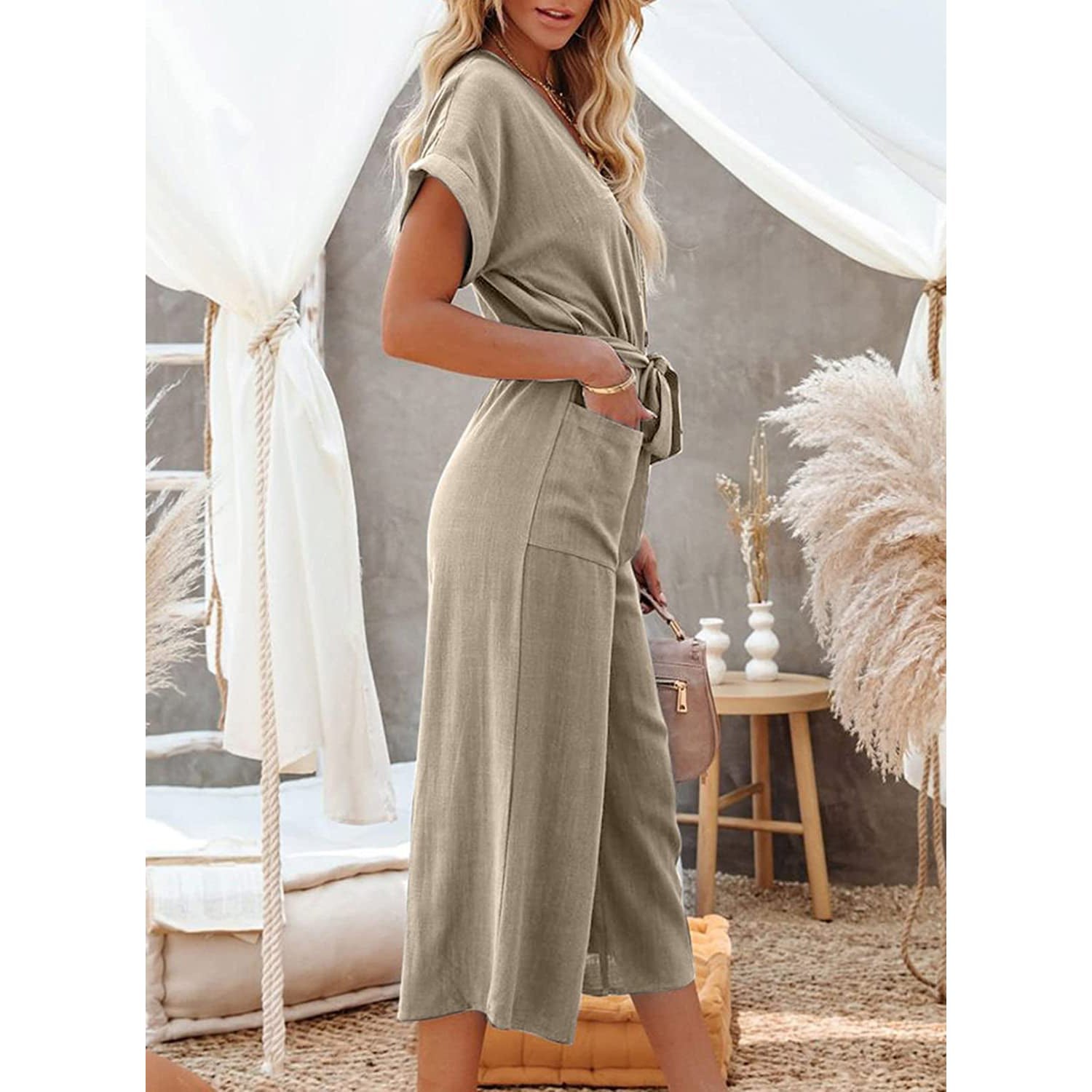 Women's Short Sleeve V Neck Button Belt Wide Leg Jumpsuit - Image 4
